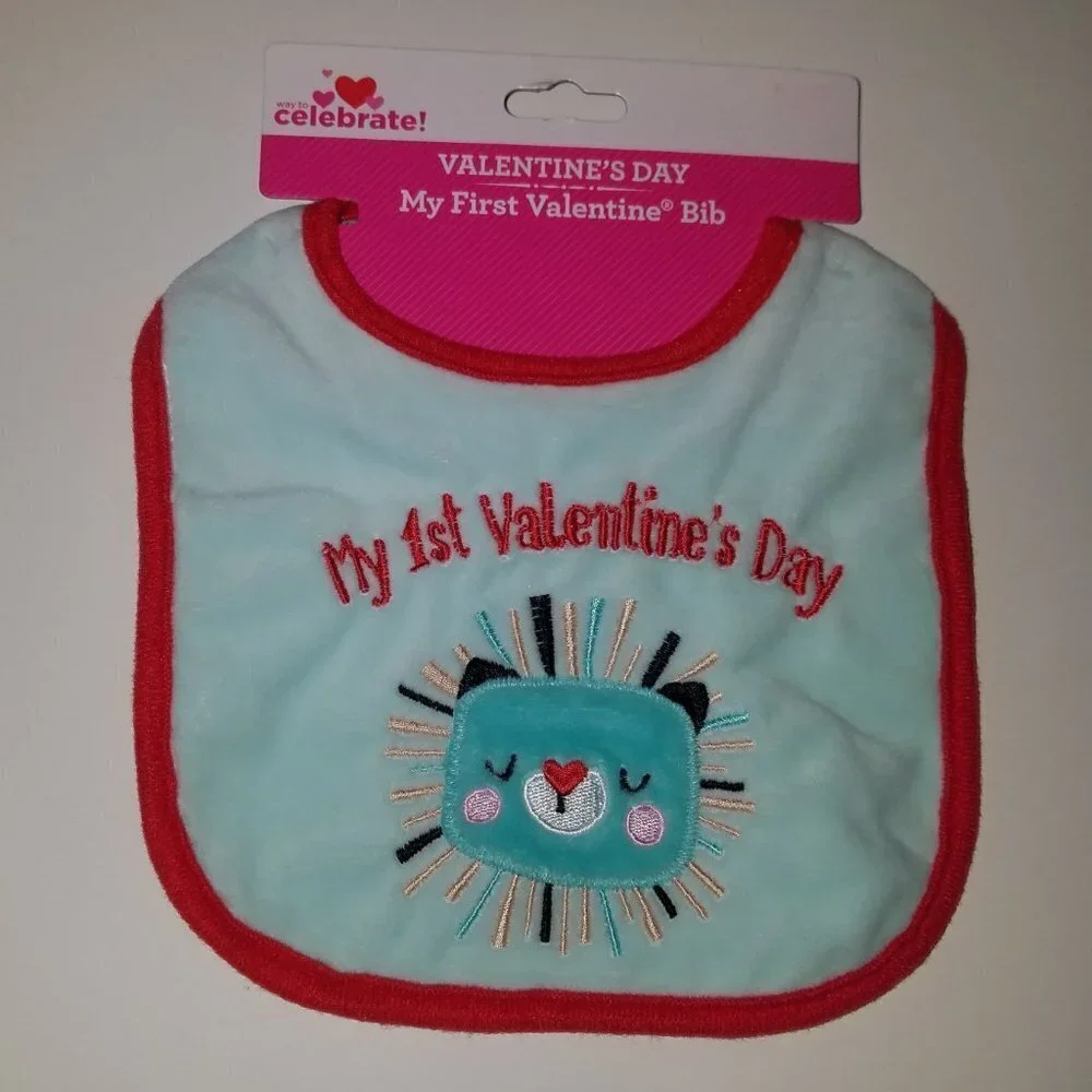 2 NEW My 1st Valentine's Day Blue Bibs Lot Baby Boy Lion? Holiday Gift